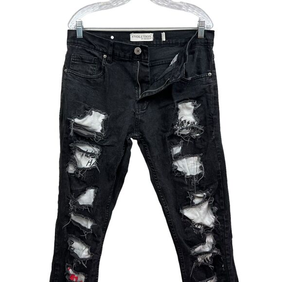 Evolution In Design Mens Jeans Stretch Distressed Raw Graffiti‎ Black Size 34 - Picture 3 of 7